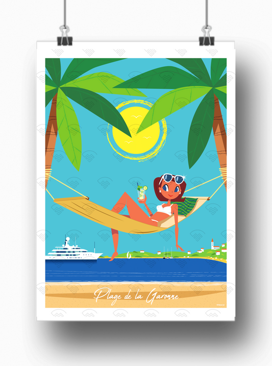 Affiche Le Pradet - Plage de la Garonne femme hamac Raphael Delerue