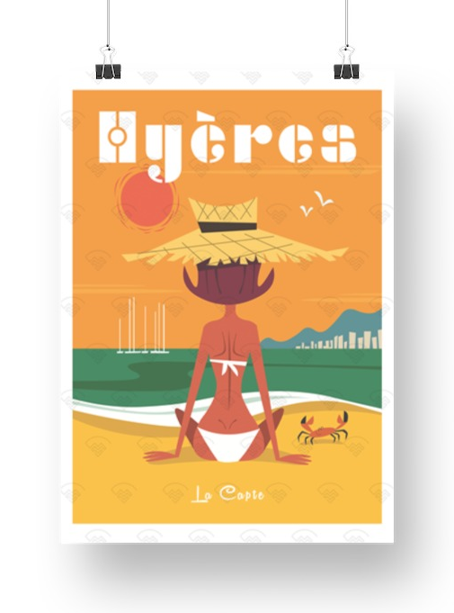 Affiche Hyères - La Capte femme au chapeau orange par Gary Godel